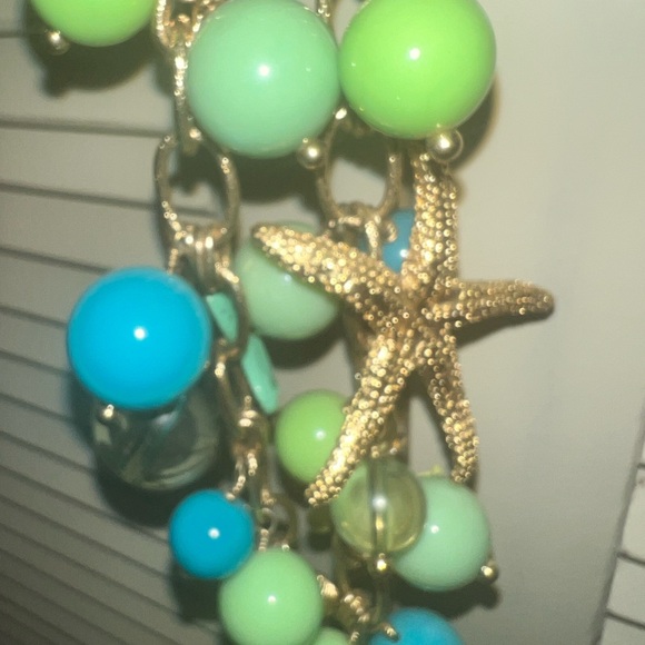 J Crew Bubble Chunky Starfish Green Blue Charm Gold Tone Adj. Necklace 30" - Picture 6 of 7
